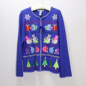 Vintage Heather B Blue Snowman Christmas Cardigan Sweater M